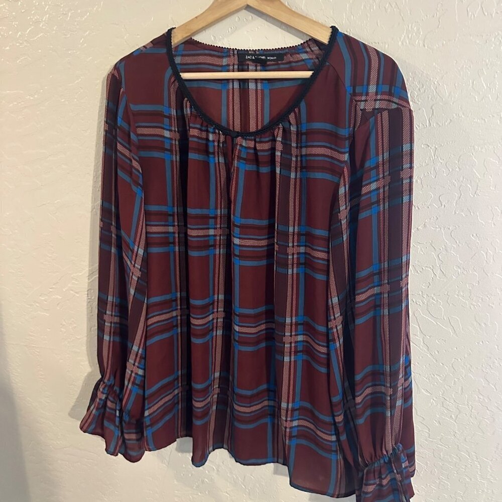 Y Zac & Rachel Plus Size Plaid Bell Sleeved Blouse - Picture 2 of 11